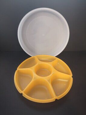 Vintage Tupperware Divided Serving Container in Bright Yellow with a Cover